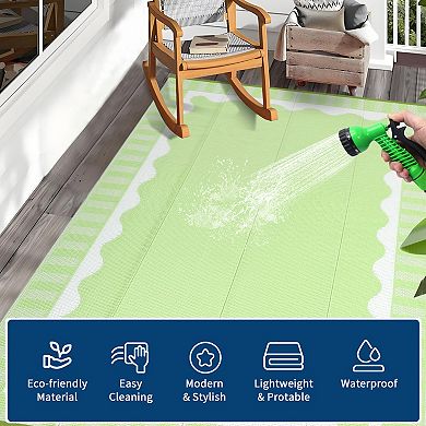 Reversible Outdoor Rug,Straw Carpet, Scalloped Border Foldable Mat for Patio Backyard Balcony