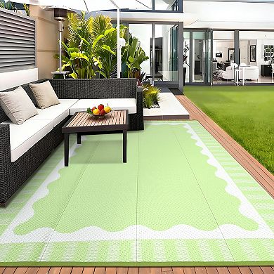 Reversible Outdoor Rug,Straw Carpet, Scalloped Border Foldable Mat for Patio Backyard Balcony