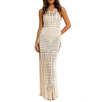 Women Crochet Fringe Trim Maxi Beach Cover Up Cut Out Side Slit Swimwear Cover Up Dress