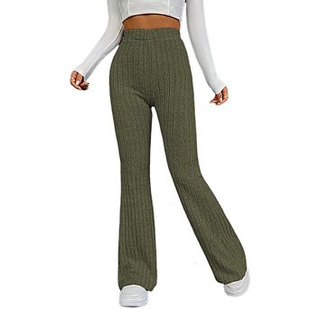 Women's Ribbed Flare Pants High Waist Comfy Slim Fit Stretch Lounge Yoga Workout Knit Trousers