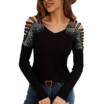 Women's Rhinestones Strappy Cold Shoulder Hollow Out Blouse Long Sleeve Pullover Casual T-Shirt Top