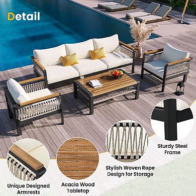 Eazegath 4-Piece Outdoor Metal and Wood Conversation Sofa Set with Cushions and Coffee Table