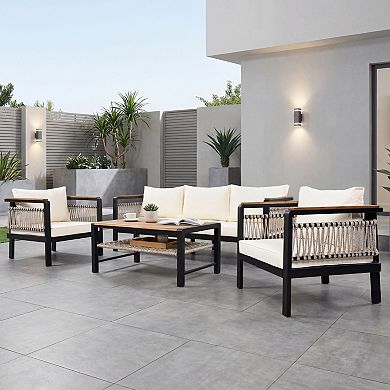 Eazegath 4-Piece Outdoor Metal and Wood Conversation Sofa Set with Cushions and Coffee Table