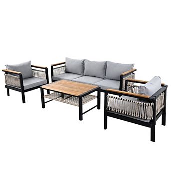 Eazegath 4 pc Outdoor Metal and Wood Conversation Sofa Set with Cushions and Coffee Table