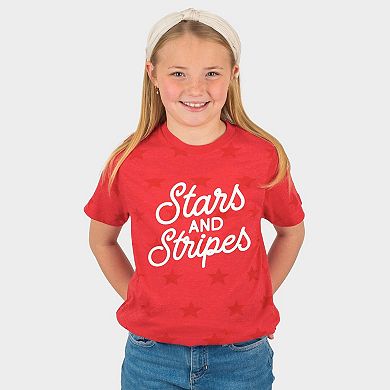 Stars and Stripes Slanted Cursive Puff Print - Youth Short Sleeve Star Tee