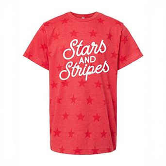 Stars and Stripes Slanted Cursive Puff Print - Youth Short Sleeve Star Tee