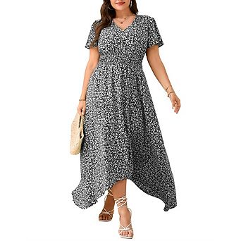 Women Plus Size Floral Short Sleeve Dress Summer Casual V-Neck Ruched Button Down Aline Midi Dresses