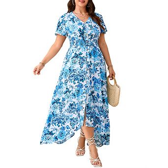 Women Plus Size Floral Short Sleeve Dress Summer Casual V-Neck Ruched Button Down Aline Midi Dresses