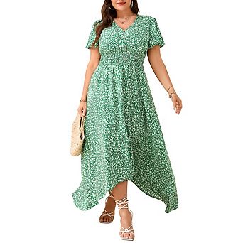 Women Plus Size Floral Short Sleeve Dress Summer Casual V-Neck Ruched Button Down Aline Midi Dresses