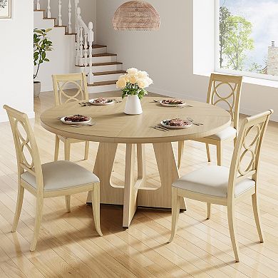 Farmhouse Round Dining Table 47 Inch for 4 to 6, Kitchen Table with Wooden Top & Pedestal Base