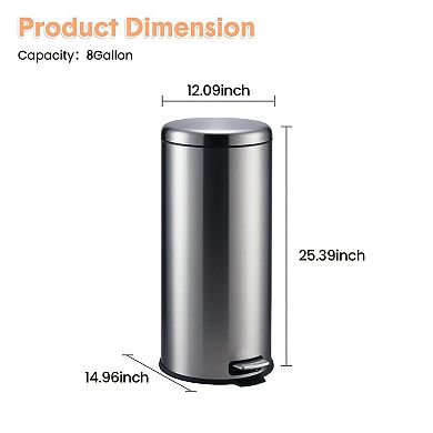 Large Capacity Stainless Steel Step-On Trash Can with Soft-Close Lid, Removable Inner Bucket