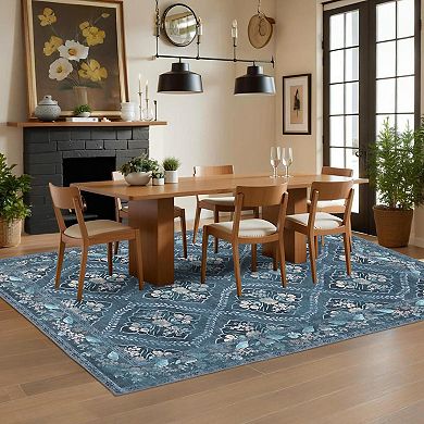Machine Washable Area Rug - Non-Slip Low Pile Carpet - Distressed Classic Bordered Design