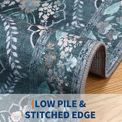 Machine Washable Area Rug - Non-Slip Low Pile Carpet - Distressed Classic Bordered Design
