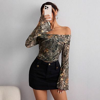 Womens Off Shoulder Long Sleeve Shirts Mesh Print Casual Slim Fit Going Out Party Basic Tops
