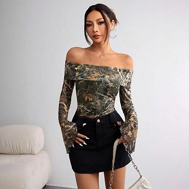 Womens Off Shoulder Long Sleeve Shirts Mesh Print Casual Slim Fit Going Out Party Basic Tops