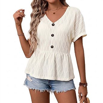 Seoria Womens V Neck Short Sleeve Peplum Blouse With Decorative Buttons
