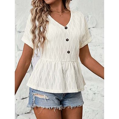Seoria Womens V Neck Short Sleeve Peplum Blouse With Decorative Buttons