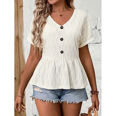 Seoria Womens V Neck Short Sleeve Peplum Blouse With Decorative Buttons