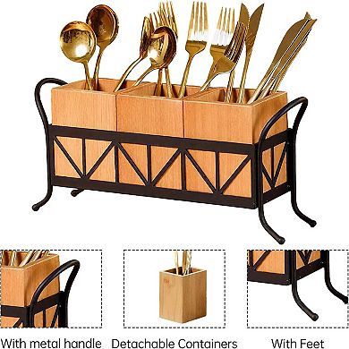 Acacia Wood Utensil Holder, Wooden Flatware Caddy Silverware Holder, Fork Spoon Knife Organizer