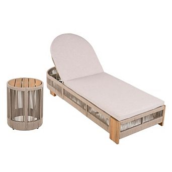 Eazegath Outdoor Wood and Rope Adjustable Chaise Lounge Chair Set with Beige Cushion and Side Table