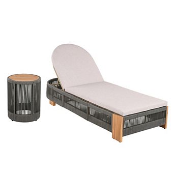Eazegath Outdoor Wood and Rope Adjustable Chaise Lounge Chair Set with Beige Cushion and Side Table