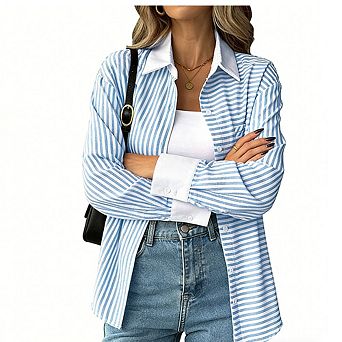 Women's Casual Striped Button Down Shirt Contrast Collar Long Sleeve Loose Fit Blouse