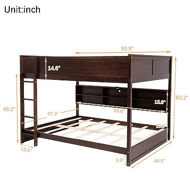 Sailvan Bunk Bed, Solid Pine Wood with Built-in Storage Cabinets, Charging Station