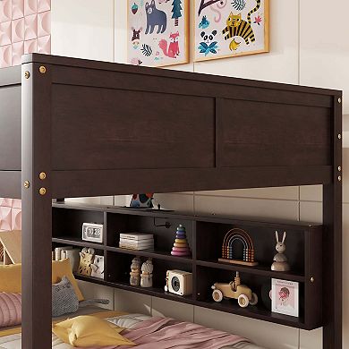 Sailvan Bunk Bed, Solid Pine Wood with Built-in Storage Cabinets, Charging Station