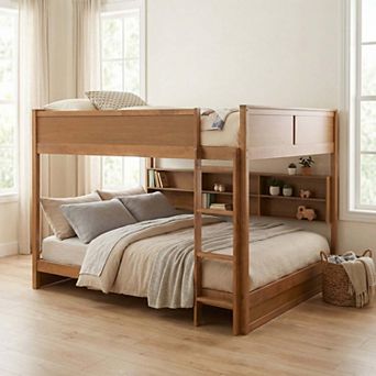 Sailvan Bunk Bed, Solid Pine Wood with Built-in Storage Cabinets, Charging Station