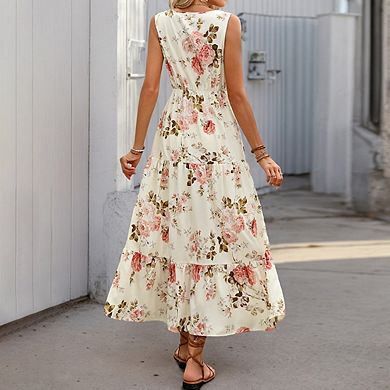 Women's Summer Floral Dresses V Neck Lace Patch Corset Long Flowy Elegant Dress