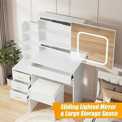 LED Vanity Desk with Mirror, 4 Drawers, Power Outlet, Cushioned Stool