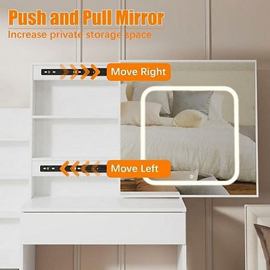 LED Vanity Desk with Mirror, 4 Drawers, Power Outlet, Cushioned Stool