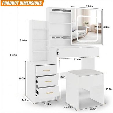 LED Vanity Desk with Mirror, 4 Drawers, Power Outlet, Cushioned Stool