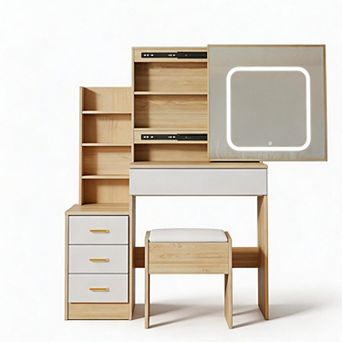 LED Vanity Desk with Mirror, 4 Drawers, Power Outlet, Cushioned Stool