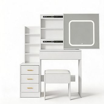 LED Vanity Desk with Mirror, 4 Drawers, Power Outlet, Cushioned Stool