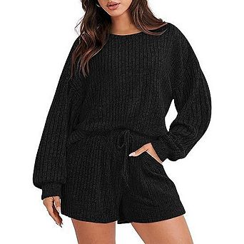 Women's Two Piece Casual Loungewear Set Knit Top And Shorts Stylish Pajama Set
