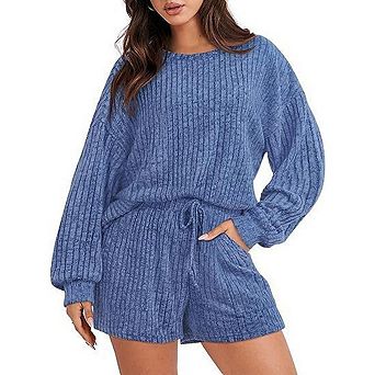 Women's Two Piece Casual Loungewear Set Knit Top And Shorts Stylish Pajama Set