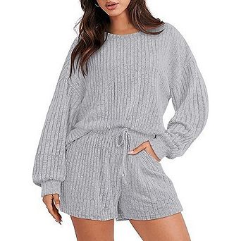 Women's Two Piece Casual Loungewear Set Knit Top And Shorts Stylish Pajama Set