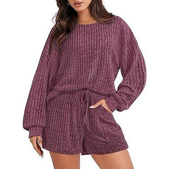 Women's Two Piece Casual Loungewear Set Knit Top And Shorts Stylish Pajama Set
