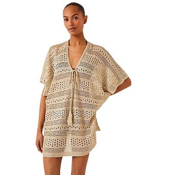 Women Crochet Beach v Neck Casual Mini Dress Short Sleeve Split Hem Bathing Suit Cover Up