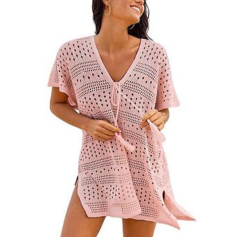 Women Crochet Beach v Neck Casual Mini Dress Short Sleeve Split Hem Bathing Suit Cover Up