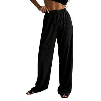 Women's Ribbed High Waist Wide Leg Pants Drawstring Soft Casual Y2k Lounge Trousers