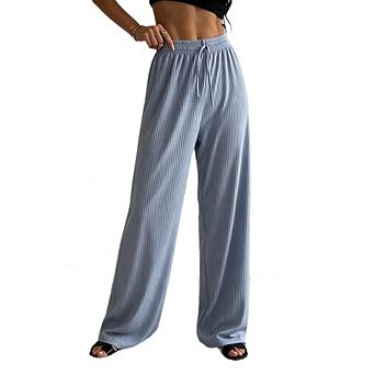 Women's Ribbed High Waist Wide Leg Pants Drawstring Soft Casual Y2k Lounge Trousers
