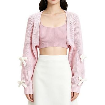 Women's Bow Knitted Cardigan V Neck Loose Cute Crop Sweater Outwear