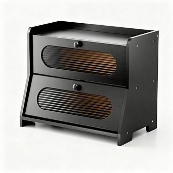 Extra-large double-layer 100% bamboo bread box with magnetic acrylic door.