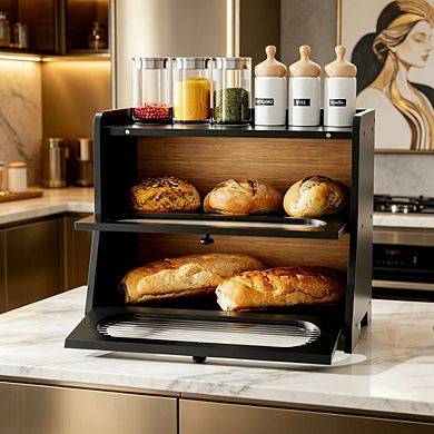 Extra-large double-layer 100% bamboo bread box with magnetic acrylic door.
