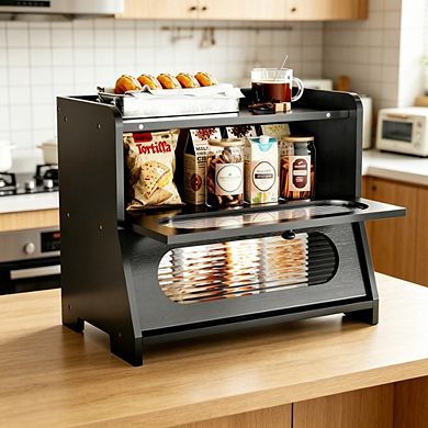Extra-large double-layer 100% bamboo bread box with magnetic acrylic door.
