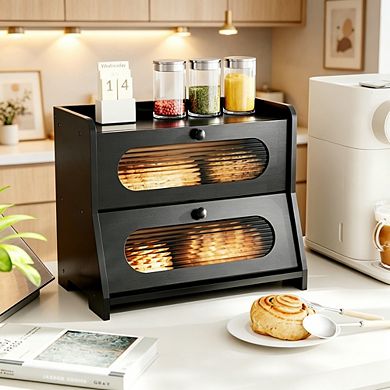 Extra-large double-layer 100% bamboo bread box with magnetic acrylic door.