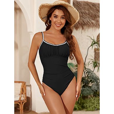 Women's Ruched One-Piece Swimsuit, Tummy Control Bathing Suit with Trimmed Neckline