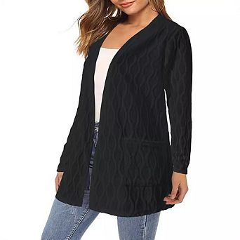 Women's Solid Color Textured Long Sleeve Knit Cardigan Casual Loose Fitting Openwork Jacket